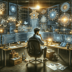 A detailed, realistic illustration of a developer working on blockchain transaction analysis on multiple screens, with code snippets, charts, and network data displayed in a professional office environment
