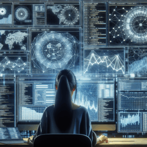 'A high-resolution, detailed visualization of a developer analyzing blockchain transaction data on multiple screens, with charts, code snippets, and network diagrams, in a professional style'
