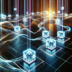 a highly detailed digital illustration showing a futuristic blockchain network with interconnected nodes representing MEV strategies, with bright neon accents and a focus on data flow and security, in a professional style
